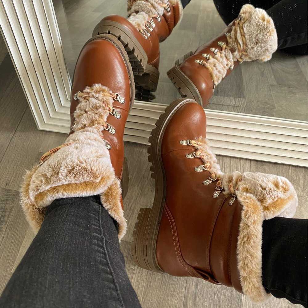 Women's Lindy Faux Fur Hiking Boots -color Cognac